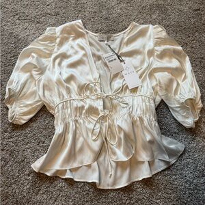 NWT - Wayf Cream Satin Blouse with Puff Sleeves